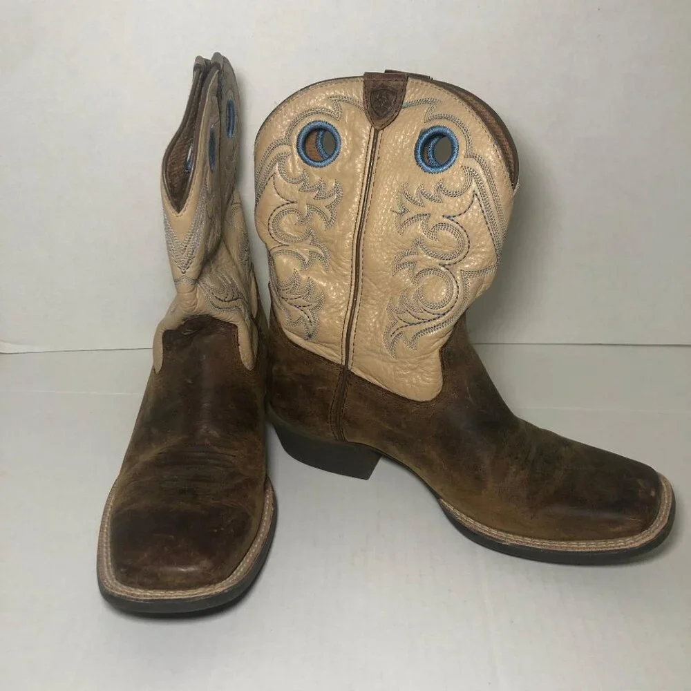 Ariat Brown Leather Kids Western Boots with Cream Shaft and Blue Accents
